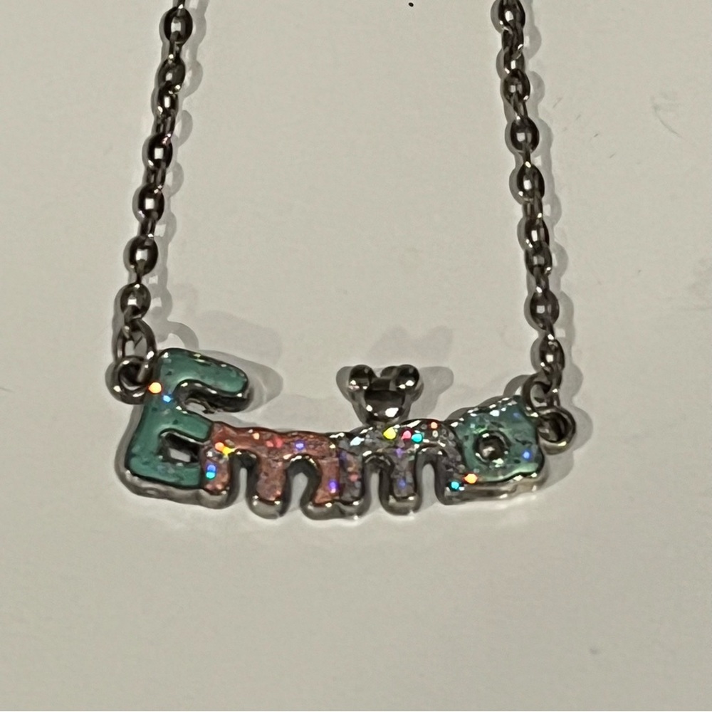 Disney Parks "Emma" Name Necklace Mickey Ears Silver Tone Chain